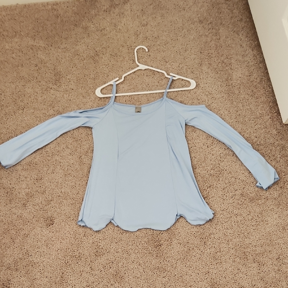 Light Blue Cold-shoulder Bell Sleeve Top